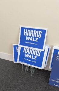 Harris-Walz campaign signs in a Scranton campaign office.