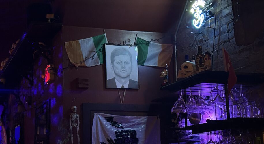 A portrait of John F. Kennedy, America’s first Irish Catholic president, hangs behind the bar at The Bog.