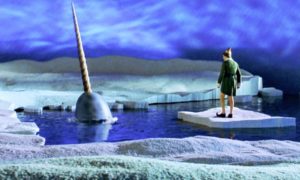 Screenshot of the movie Elf with an animated narwhal and Buddy the Elf.