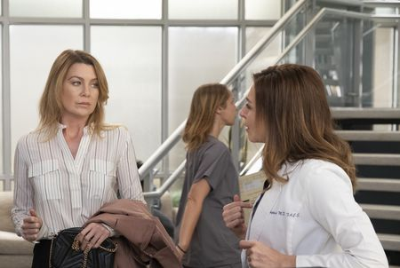 Meredith Grey from Grey's Anatomy talking with someone in a hospital lobby.