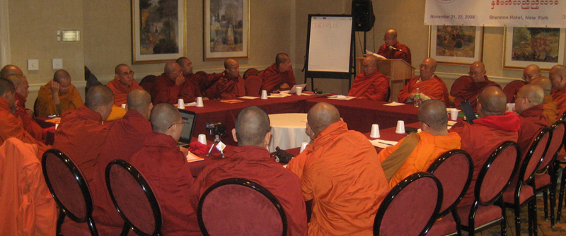 From an office-cum-monastery in Elmhurst, Queens, Burmese monks campaign for the release of fellow monks in Myanmar, imprisoned after a September 2007 uprising led to military crackdown. Here, they are pictured at an annual monks conference, at the Sheraton Hotel in Manhattan.  Photo courtesy of the International Burmese Monks Organization